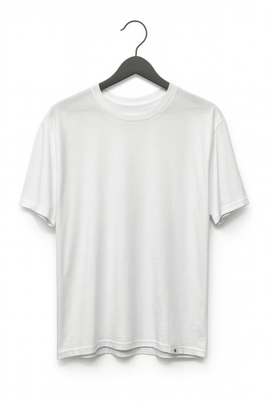 Oversized White t-shirt on a hanger against a white background