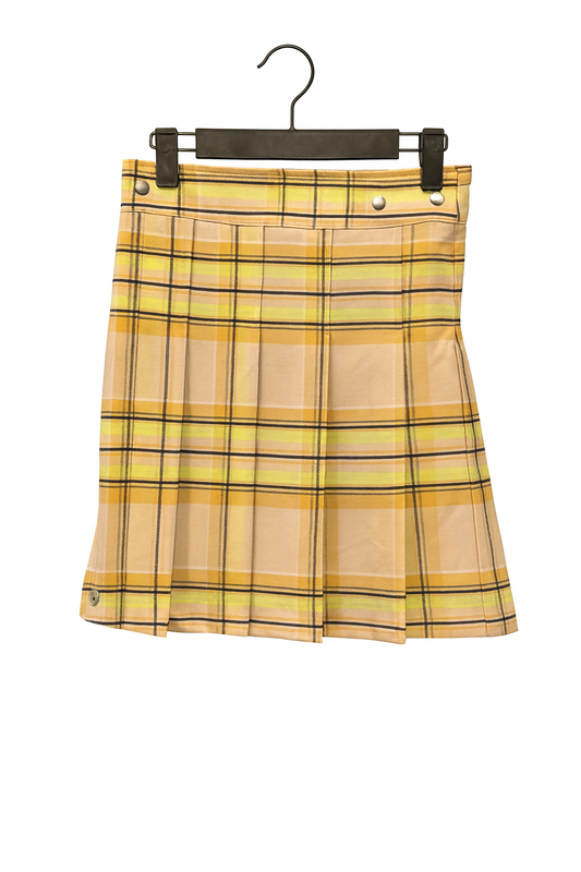 Beige plaid kilt on a hanger against a white background