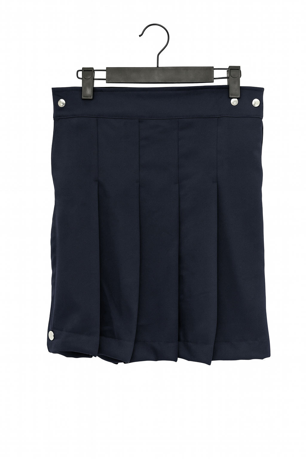 Black pleated kilt on a hanger against a white background