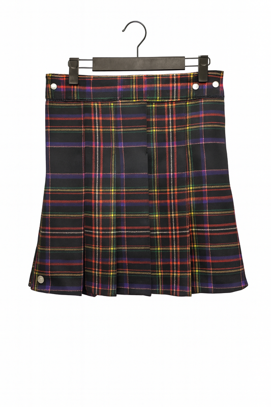 Plaid kilt  on a hanger against a white background