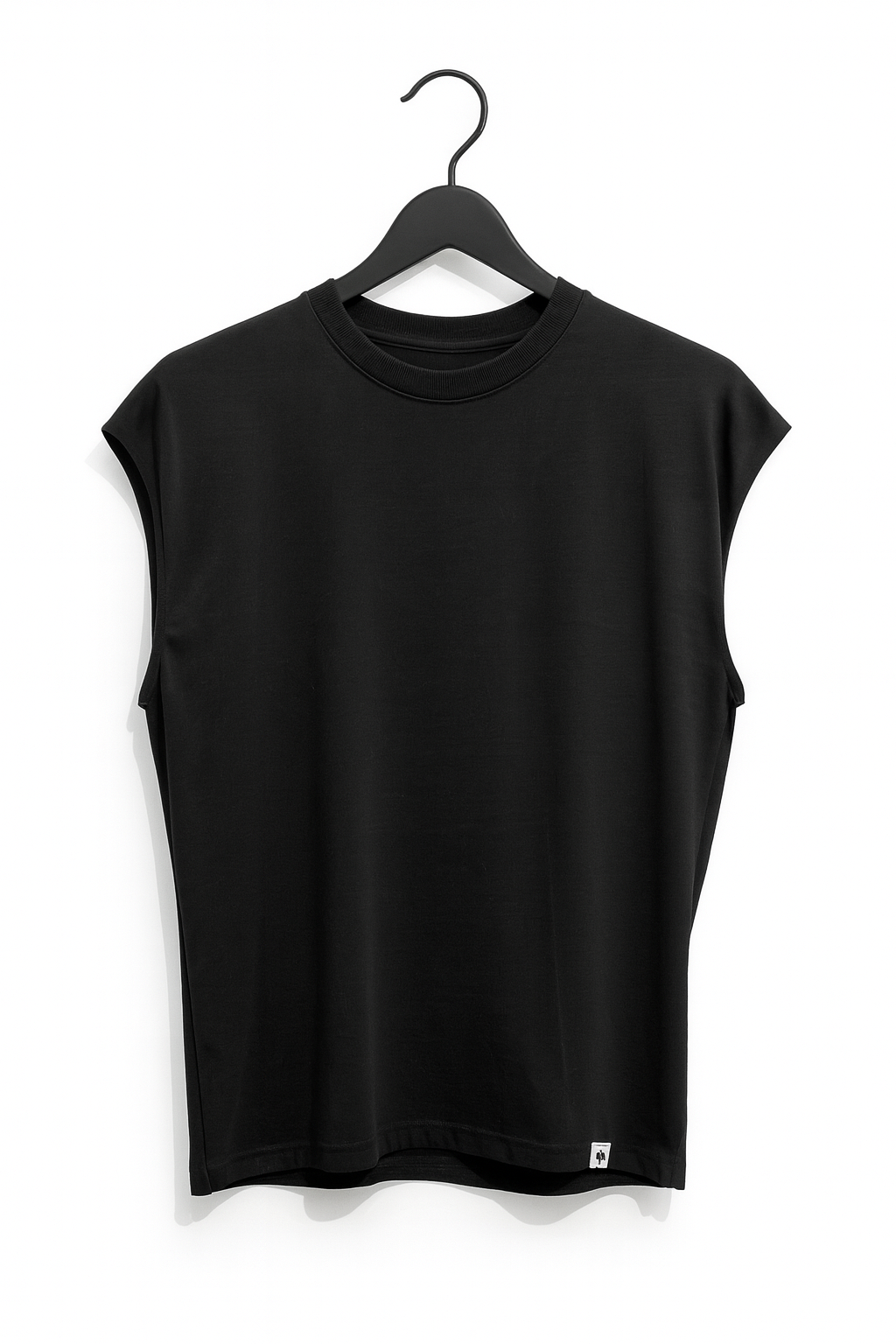 Black sleeveless shirt on a hanger against a white background