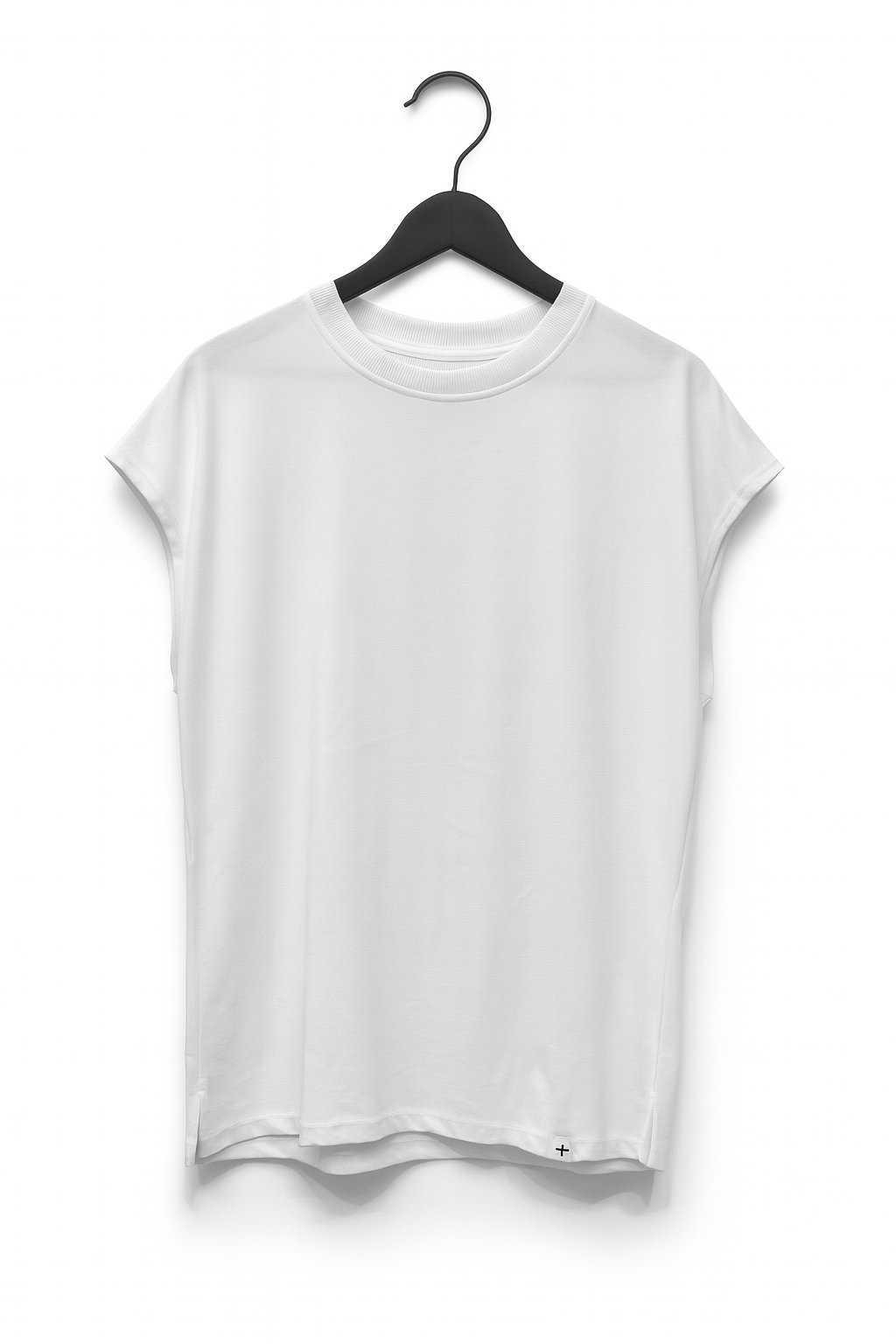 White t-shirt on a black hanger against a white background
