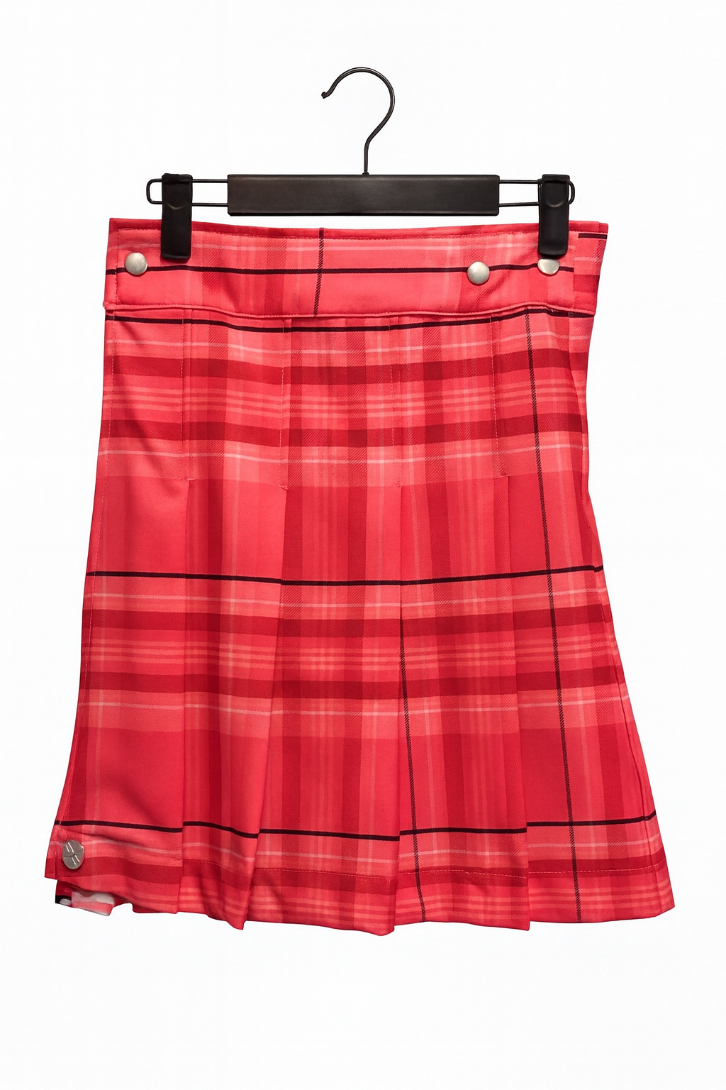 Pink plaid kilt on a hanger against a white background