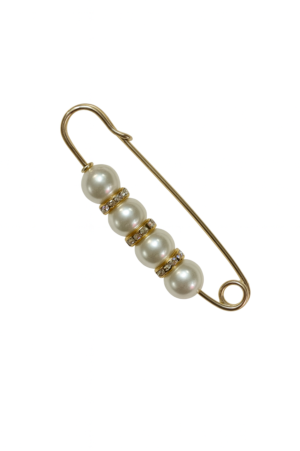 Gold safety pin with pearls on a white background